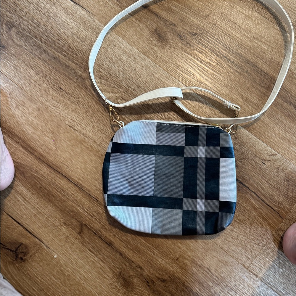 Plaid Crossbody Bag - Black and Cream